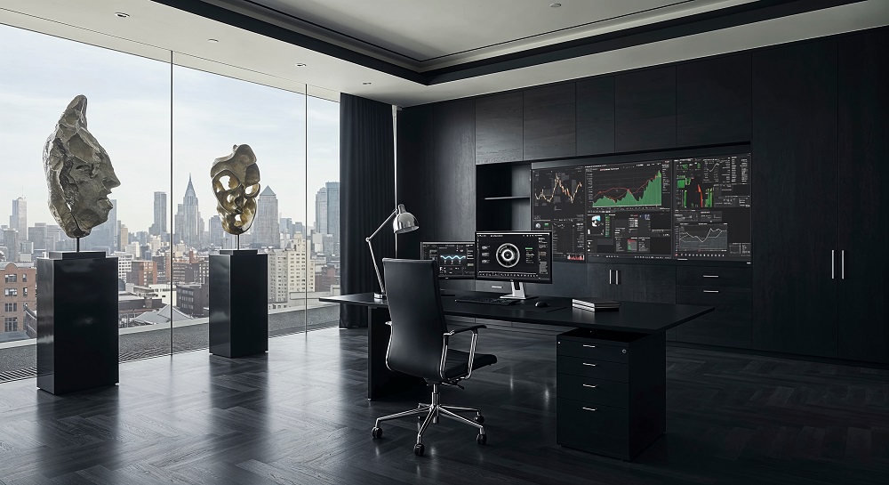 Modern CEO cabin interior with glass partitions and minimalist furniture